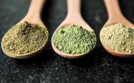 A side-by-side comparison of red, white, and green kratom powders in their raw, unprocessed form