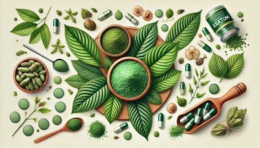 Different forms of kratom being showcased in a dynamic animation